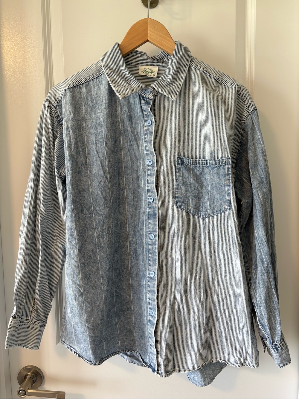 New’m Asymmetrical Patchwork Denim Button Down Shirt Medium
